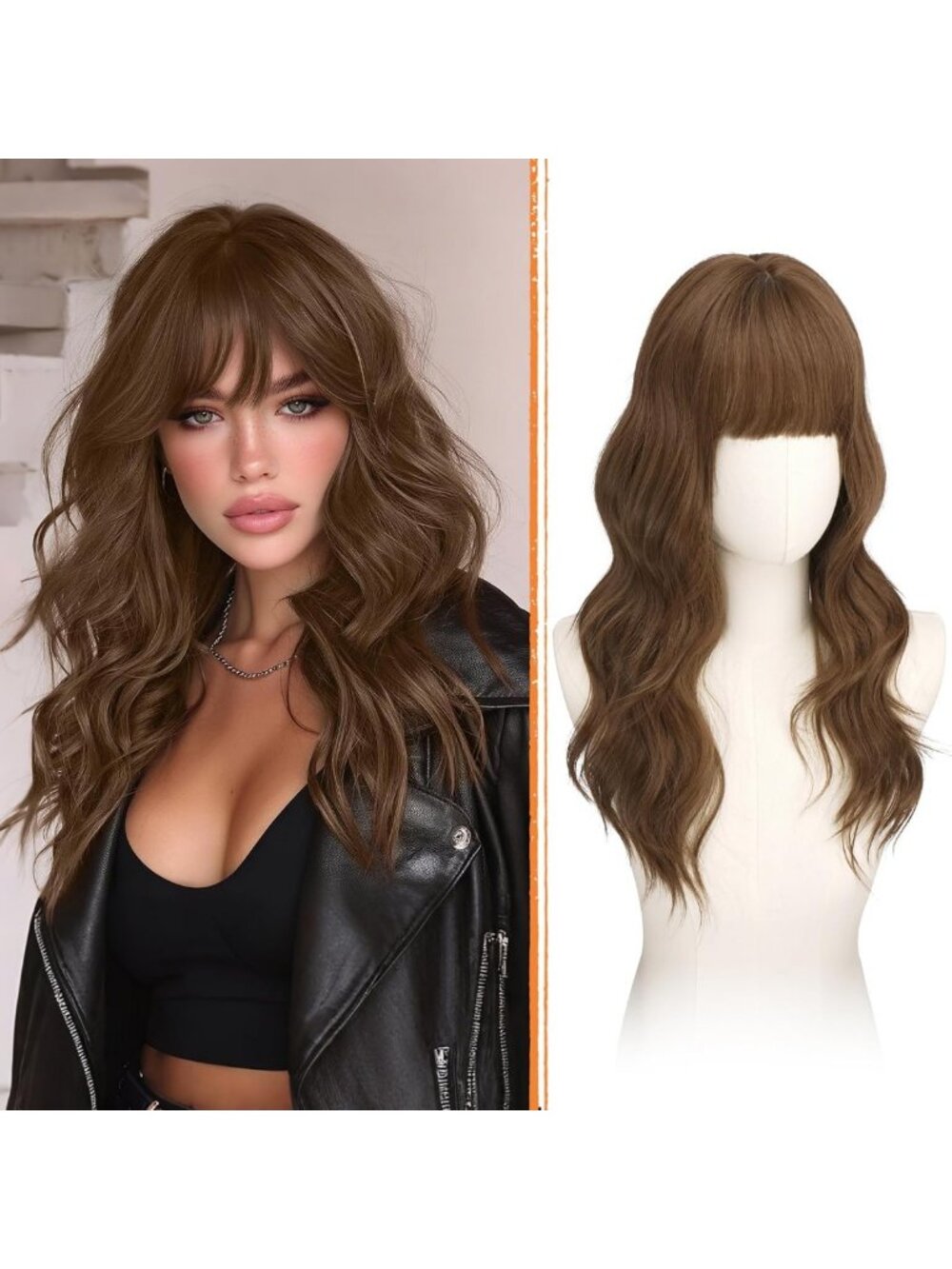 20 Inch Brown Wig with Bangs - Soft Wavy Heat Resistant Synthetic Hair for Daily